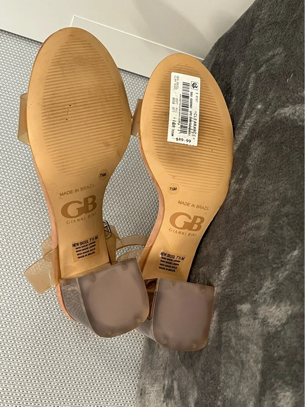 Gianni Bini Clear Block Heel Vinyl Strap Sandals in Nude. Padded footbed. 7.5